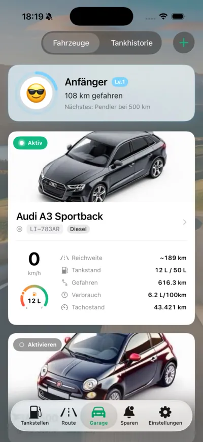 TankRoute Garage: Fahrzeuge mit Tankstand und Reichweite