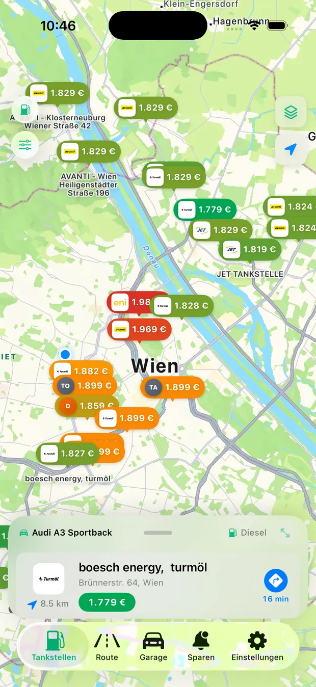 TankRoute Karte mit aktuellen Spritpreisen der Tankstellen in Wien